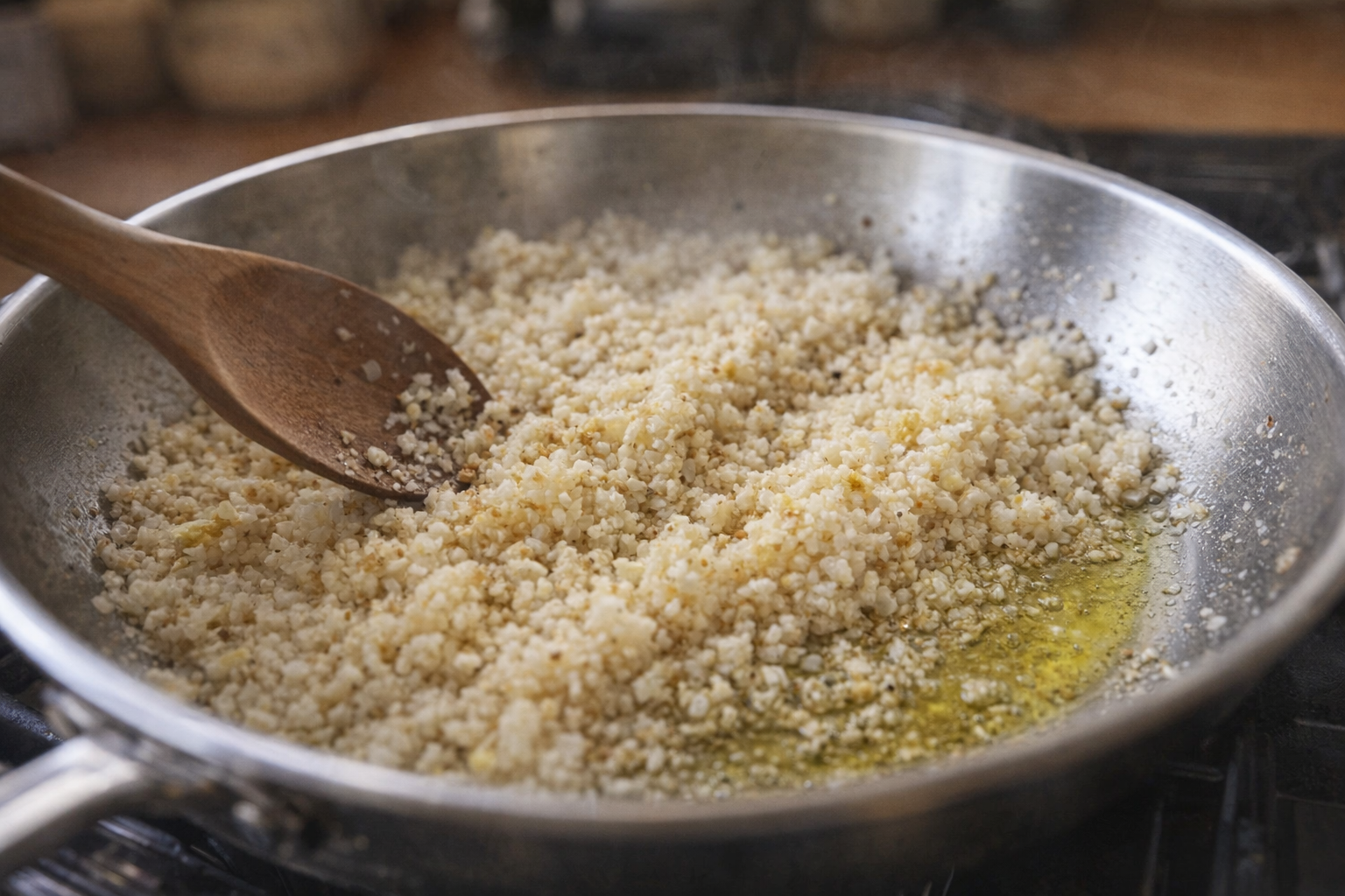 An action shot of cauliflower rice being sautéed in a stainless steel skillet with minced garlic and olive oil. Medium heat, slight browning